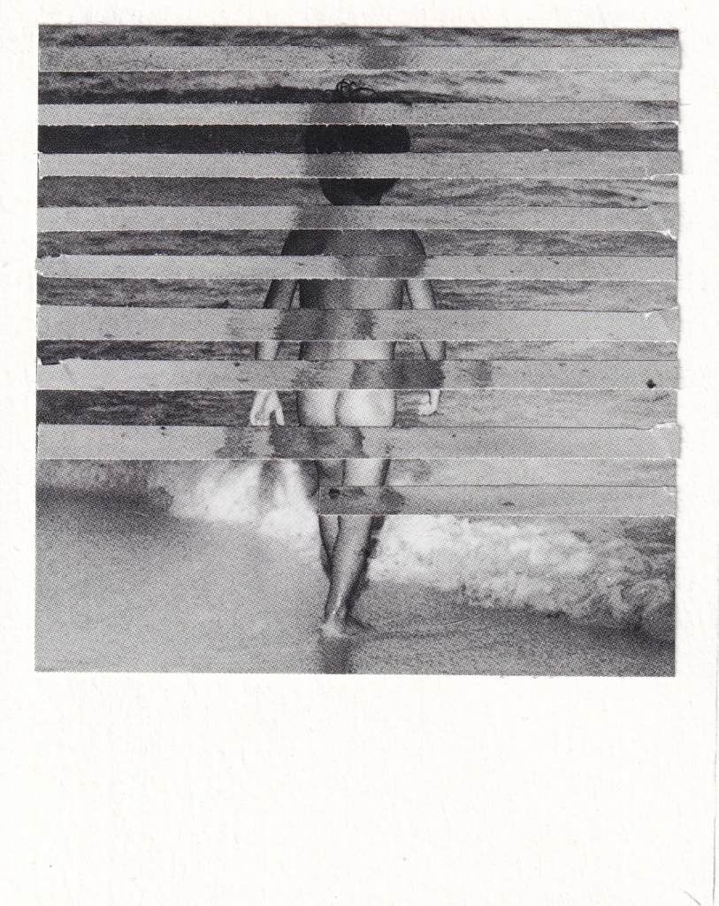 Black-and-white mixed-media image of a solitary figure standing outdoors near a body of water. The image is fragmented by numerous horizontal strips that interrupt and misalign the scene, partially obscuring the figure’s face and body. Portions of the landscape shift from strip to strip, creating a layered, disjointed effect. The work has a grainy, halftone texture and is printed within an uneven rectangular border on an off-white background.