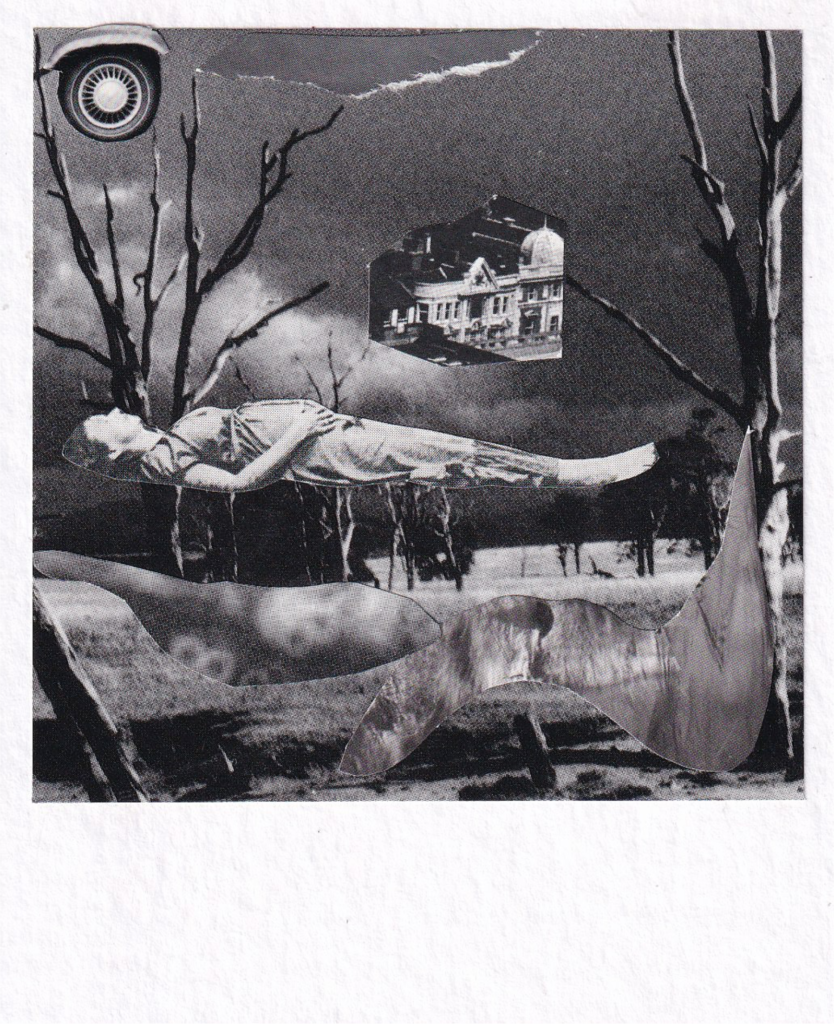 Black-and-white surreal collage set in a barren, wintry landscape framed by leafless trees. A person lies horizontally across the middle of the scene, appearing suspended above the ground. A small cutout of an ornate building floats in the dark sky above, while part of a car wheel and fender intrudes from the upper-left corner. Torn and layered edges remain visible throughout, emphasizing the work’s handmade collage construction.